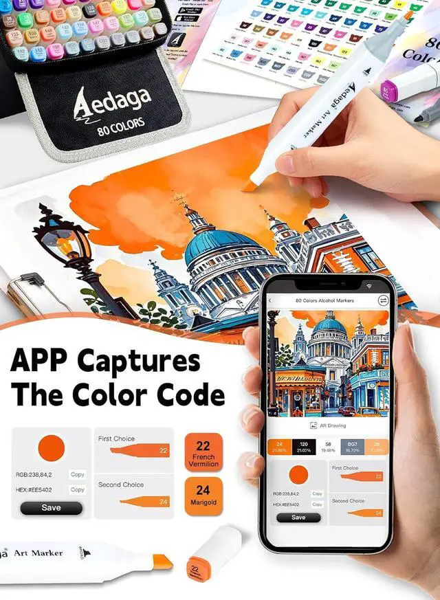 Alt view image 5 of 6 - YHC 80 Colors Alcohol Markers with Free APP, Alcohol-Based Dual Chisel and Fine Tips Markers with Kickstand Case for Adult Coloring, Drawing, Painting and Sketching, Great Gift Idea for Artists