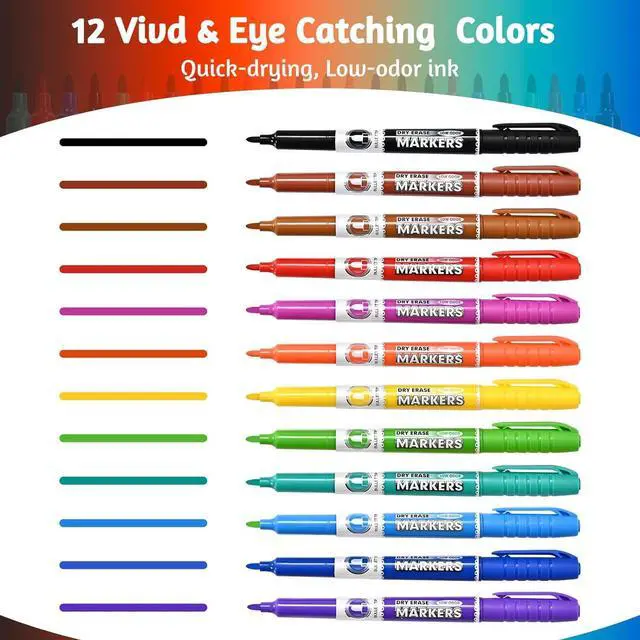 Alt view image 2 of 5 - SUQJOY Dry Erase Markers, Bullet Tip Whiteboard Markers, Low Odor Thick Dry Markers, 12 pack Assorted Colors for Kids/Teachers (12 Count 12 Colors)