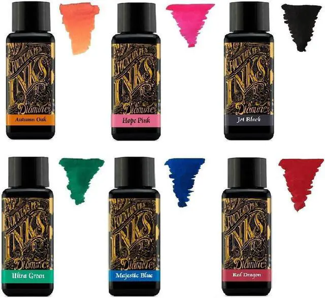 Main image of Diamine - 30ml Fountain Pen Ink - Color Wheel - 6 Pack - Autumn Oak, Hope Pink, Jet Black, Ultra Green, Majestic Blue, Red Dragon