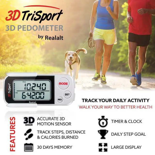 Alt view image 9 of 14 - 3DTriSport 3D Walking Pedometer with Clip & Strap, Accurate Step Counter with 30-Day Memory, Distance in Miles/KM Large Display Perfect for Seniors & Beginners eBook Included - White