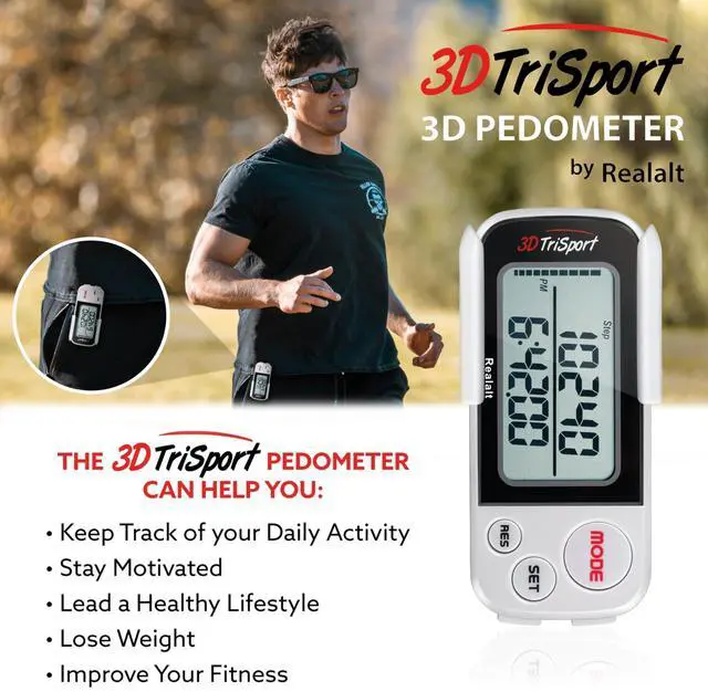 Alt view image 10 of 14 - 3DTriSport 3D Walking Pedometer with Clip & Strap, Accurate Step Counter with 30-Day Memory, Distance in Miles/KM Large Display Perfect for Seniors & Beginners eBook Included - White