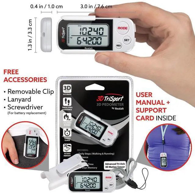 Alt view image 11 of 14 - 3DTriSport 3D Walking Pedometer with Clip & Strap, Accurate Step Counter with 30-Day Memory, Distance in Miles/KM Large Display Perfect for Seniors & Beginners eBook Included - White