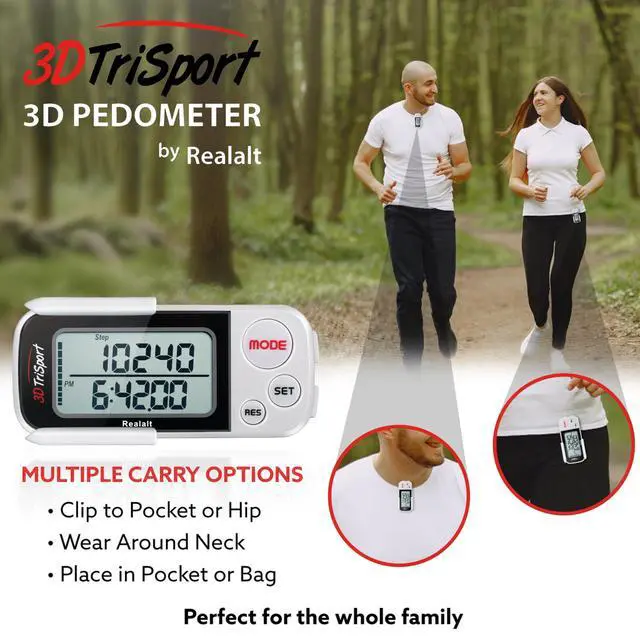 Alt view image 12 of 14 - 3DTriSport 3D Walking Pedometer with Clip & Strap, Accurate Step Counter with 30-Day Memory, Distance in Miles/KM Large Display Perfect for Seniors & Beginners eBook Included - White