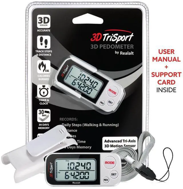 Alt view image 14 of 14 - 3DTriSport 3D Walking Pedometer with Clip & Strap, Accurate Step Counter with 30-Day Memory, Distance in Miles/KM Large Display Perfect for Seniors & Beginners eBook Included - White