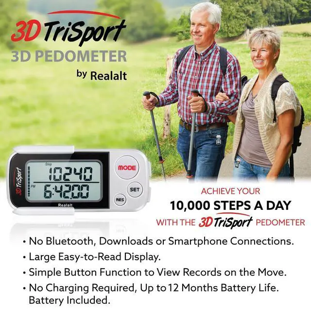 Alt view image 13 of 14 - 3DTriSport 3D Walking Pedometer with Clip & Strap, Accurate Step Counter with 30-Day Memory, Distance in Miles/KM Large Display Perfect for Seniors & Beginners eBook Included - White
