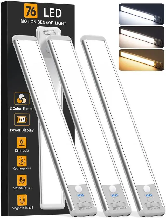 Alt view image 8 of 14 - Under Cabinet Lighting Wireless, Rechargeable Motion Sensor Light Indoor, 3 Color Dimmable Closet Light Battery Operated with LED Power Display, Magnetic Under Counter Lights for Kitchen, Home (3Pack)