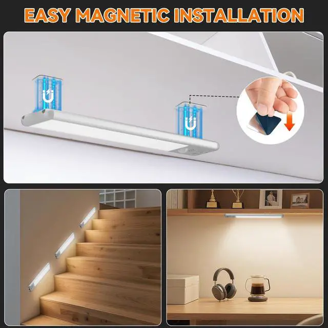 Alt view image 13 of 14 - Under Cabinet Lighting Wireless, Rechargeable Motion Sensor Light Indoor, 3 Color Dimmable Closet Light Battery Operated with LED Power Display, Magnetic Under Counter Lights for Kitchen, Home (3Pack)