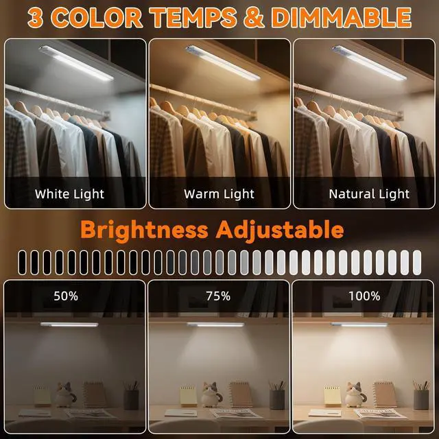 Alt view image 10 of 14 - Under Cabinet Lighting Wireless, Rechargeable Motion Sensor Light Indoor, 3 Color Dimmable Closet Light Battery Operated with LED Power Display, Magnetic Under Counter Lights for Kitchen, Home (3Pack)