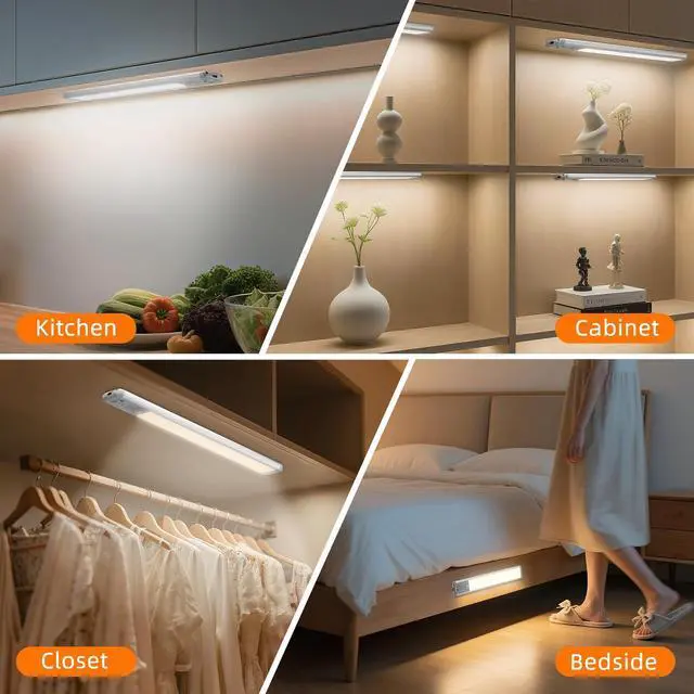 Alt view image 14 of 14 - Under Cabinet Lighting Wireless, Rechargeable Motion Sensor Light Indoor, 3 Color Dimmable Closet Light Battery Operated with LED Power Display, Magnetic Under Counter Lights for Kitchen, Home (3Pack)