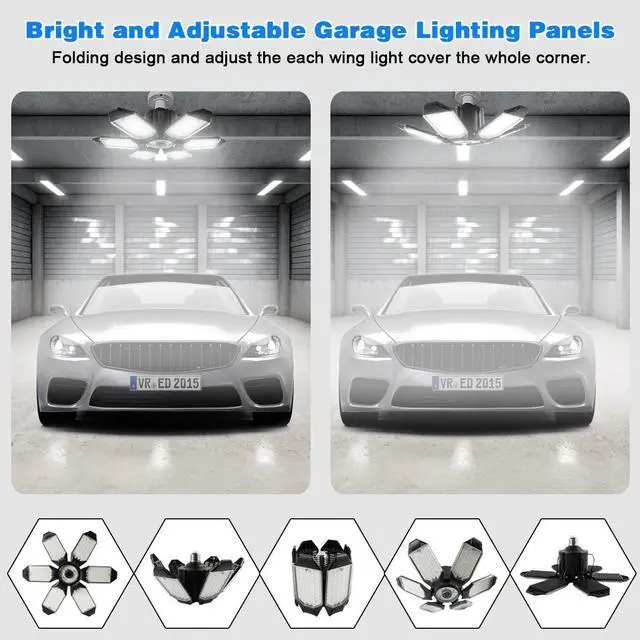 Alt view image 10 of 14 - Garage Lights - 2Pack Super Bright 32000LM LED Garage Ceiling Light 6500K LED Shop Light w/ 6 Deformable Panels Screw in E26/E27 Socket Light Bulbs for Workshop Storage Warehouse Attic