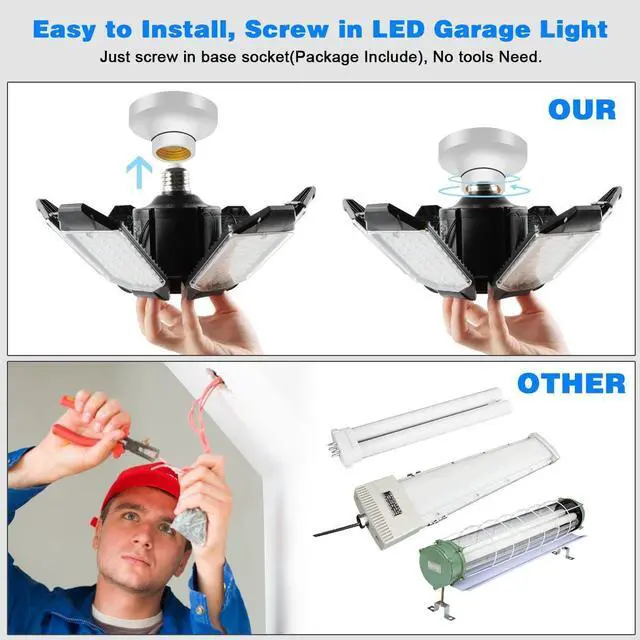 Alt view image 12 of 14 - Garage Lights - 2Pack Super Bright 32000LM LED Garage Ceiling Light 6500K LED Shop Light w/ 6 Deformable Panels Screw in E26/E27 Socket Light Bulbs for Workshop Storage Warehouse Attic