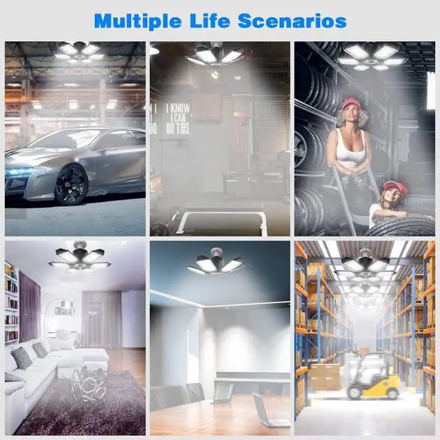 Alt view image 13 of 14 - Garage Lights - 2Pack Super Bright 32000LM LED Garage Ceiling Light 6500K LED Shop Light w/ 6 Deformable Panels Screw in E26/E27 Socket Light Bulbs for Workshop Storage Warehouse Attic