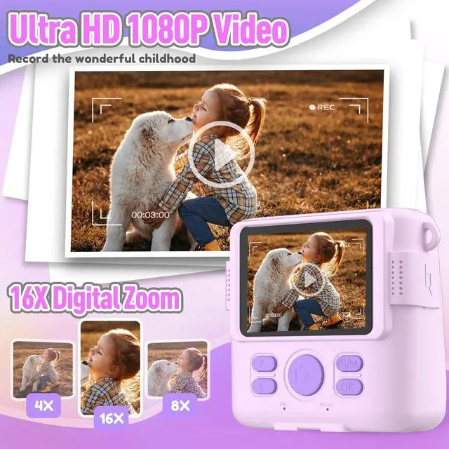 Alt view image 11 of 14 - Instant Print Camera for Kids, Christmas Birthday Gifts for Girls Boys Age 3-12,Kids Digital Cameras for Toddler, Portable Toy for 3 4 5 6 7 8 9 10 Year Old Girl with 32GB SD Card-Purple