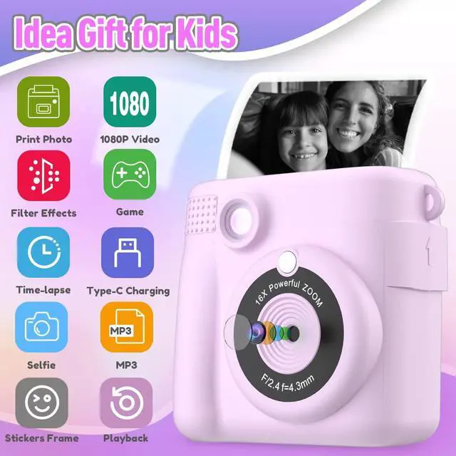 Alt view image 9 of 14 - Instant Print Camera for Kids, Christmas Birthday Gifts for Girls Boys Age 3-12,Kids Digital Cameras for Toddler, Portable Toy for 3 4 5 6 7 8 9 10 Year Old Girl with 32GB SD Card-Purple