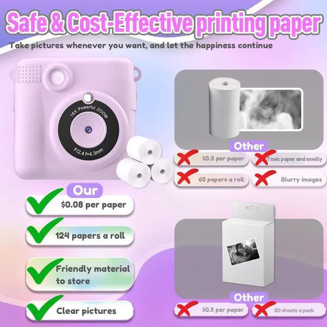 Alt view image 12 of 14 - Instant Print Camera for Kids, Christmas Birthday Gifts for Girls Boys Age 3-12,Kids Digital Cameras for Toddler, Portable Toy for 3 4 5 6 7 8 9 10 Year Old Girl with 32GB SD Card-Purple