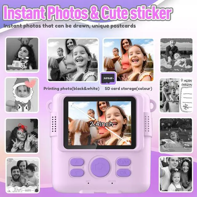 Alt view image 10 of 14 - Instant Print Camera for Kids, Christmas Birthday Gifts for Girls Boys Age 3-12,Kids Digital Cameras for Toddler, Portable Toy for 3 4 5 6 7 8 9 10 Year Old Girl with 32GB SD Card-Purple