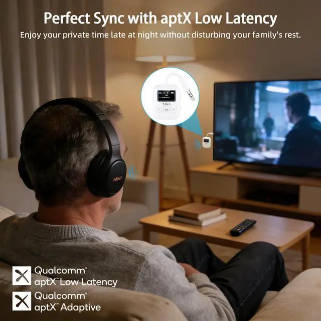 Alt view image 9 of 14 - Bluetooth 5.3 Transmitter w/Screen for TV to 2 Headphones, aptX AD/LL/HD Hi-Fi Audio, 25H Playtime, 3.5mm AUX Bluetooth Adapter for TV, PC, CD Player, MP3, Gym, Projector - Transmitter Only