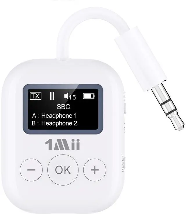 Alt view image 8 of 14 - Bluetooth 5.3 Transmitter w/Screen for TV to 2 Headphones, aptX AD/LL/HD Hi-Fi Audio, 25H Playtime, 3.5mm AUX Bluetooth Adapter for TV, PC, CD Player, MP3, Gym, Projector - Transmitter Only
