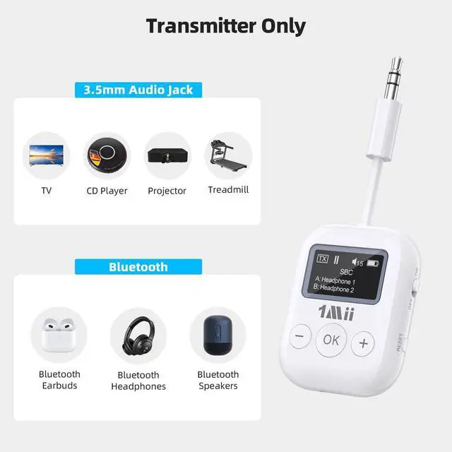 Alt view image 10 of 14 - Bluetooth 5.3 Transmitter w/Screen for TV to 2 Headphones, aptX AD/LL/HD Hi-Fi Audio, 25H Playtime, 3.5mm AUX Bluetooth Adapter for TV, PC, CD Player, MP3, Gym, Projector - Transmitter Only