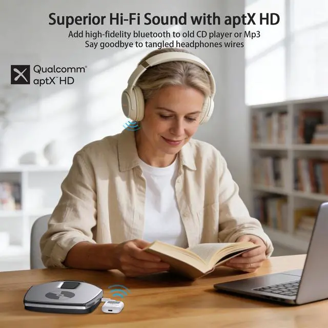 Alt view image 13 of 14 - Bluetooth 5.3 Transmitter w/Screen for TV to 2 Headphones, aptX AD/LL/HD Hi-Fi Audio, 25H Playtime, 3.5mm AUX Bluetooth Adapter for TV, PC, CD Player, MP3, Gym, Projector - Transmitter Only