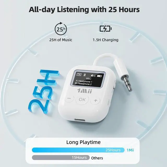 Alt view image 14 of 14 - Bluetooth 5.3 Transmitter w/Screen for TV to 2 Headphones, aptX AD/LL/HD Hi-Fi Audio, 25H Playtime, 3.5mm AUX Bluetooth Adapter for TV, PC, CD Player, MP3, Gym, Projector - Transmitter Only