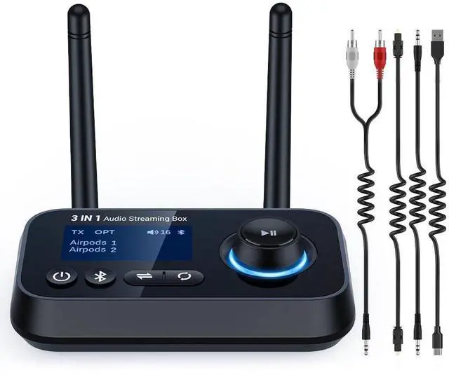 Alt view image 8 of 14 - Bluetooth 5.3 Transmitter for TV Audio w. Screen Display Dual Antenna Low Latency Bluetooth Adapter Support Up to 2 BT Headphones Long Range Bluetooth Extender 3.5mm AUX/RCA/Opt Input/Output