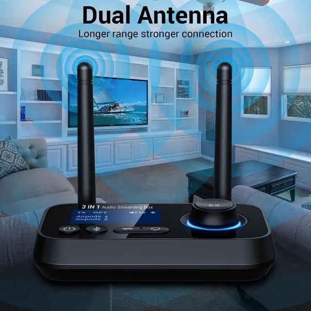 Alt view image 9 of 14 - Bluetooth 5.3 Transmitter for TV Audio w. Screen Display Dual Antenna Low Latency Bluetooth Adapter Support Up to 2 BT Headphones Long Range Bluetooth Extender 3.5mm AUX/RCA/Opt Input/Output