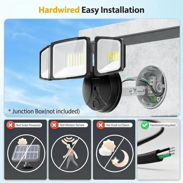 Alt view image 10 of 14 - 75W Flood Lights Outdoor, 7000LM Brightness Security Lights Switch Controlled, 3 Adjustable Heads, IP65 Waterproof, 6500K Wall Mount Exterior LED Flood Light