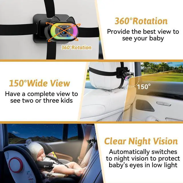 Alt view image 11 of 14 - Baby Car Camera for Backseat HD 1080P, 150° Wide Angle, Night Vision, Easy Installation, Adjustable LED Light, 4.3 LCD Display, Anti-Glare