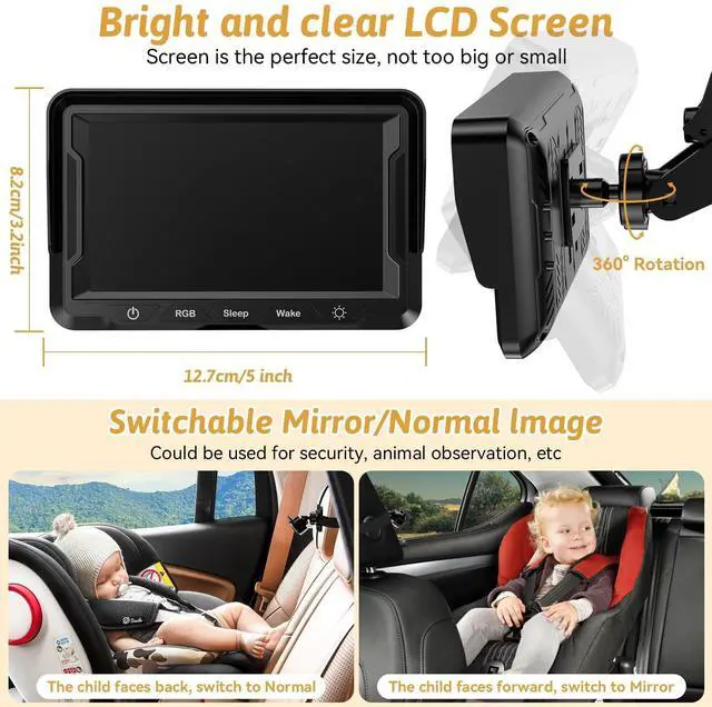 Alt view image 14 of 14 - Baby Car Camera for Backseat HD 1080P, 150° Wide Angle, Night Vision, Easy Installation, Adjustable LED Light, 4.3 LCD Display, Anti-Glare