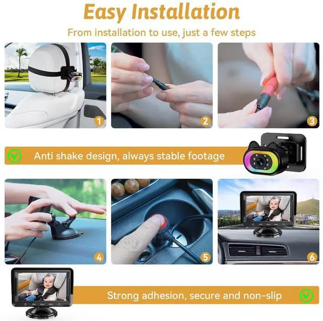 Alt view image 10 of 14 - Baby Car Camera for Backseat HD 1080P, 150° Wide Angle, Night Vision, Easy Installation, Adjustable LED Light, 4.3 LCD Display, Anti-Glare