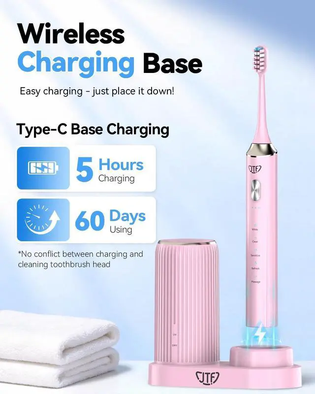 Alt view image 11 of 14 - Sonic Electric Toothbrush with UV Sanitizing & Drying: 5 Modes for Effective Yet Gentle Cleaning with 6 Brush Heads, Rinse Cup, Wireless Charging Base, Rechargeable for Daily Care, Home & Travel