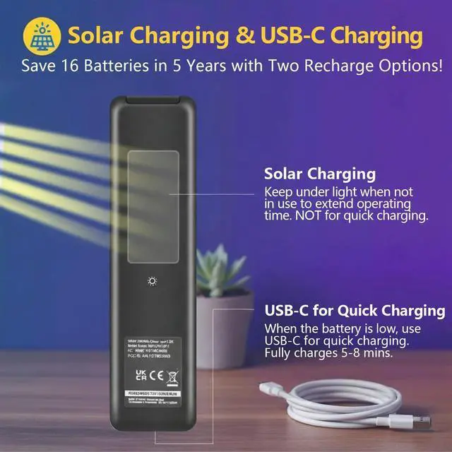 Alt view image 12 of 14 - Rechargeable Voice Remote for Smart TVs, Replacement for 20192025 TV Remote Control with Solar Charging and Voice Search. 2-Year Warranty.