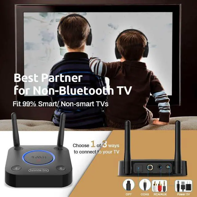 Alt view image 10 of 14 - B06TX Bluetooth 5.3 Transmitter for TV to Wireless Headphone/Speaker, Bluetooth Adapter for TV w/Volume Control, AUX/RCA/Optical/Coaxial Audio Inputs, Plug n Play, aptX Low Latency & HD