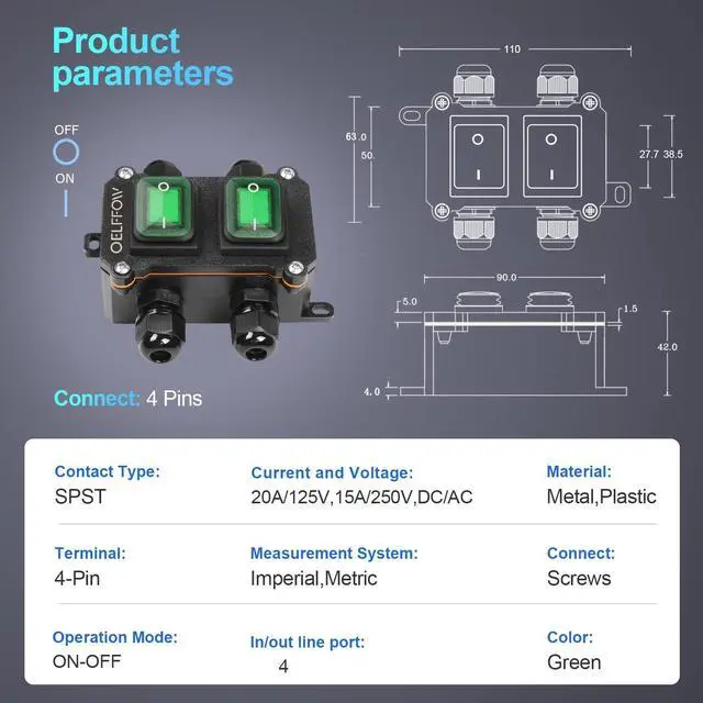 Alt view image 2 of 6 - Waterproof On Off Toggle Switch Double Switch with Green Light Rocker Button Inline Cord Switch DPST AC/DC 20A-125V,16A-250V,30A-24V,35A-12V, IP66 4 Exit