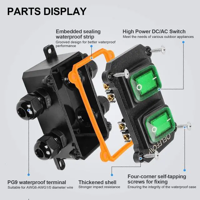 Alt view image 4 of 6 - Waterproof On Off Toggle Switch Double Switch with Green Light Rocker Button Inline Cord Switch DPST AC/DC 20A-125V,16A-250V,30A-24V,35A-12V, IP66 4 Exit