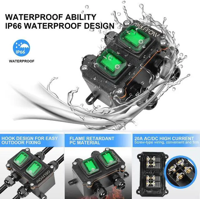 Alt view image 3 of 6 - Waterproof On Off Toggle Switch Double Switch with Green Light Rocker Button Inline Cord Switch DPST AC/DC 20A-125V,16A-250V,30A-24V,35A-12V, IP66 4 Exit