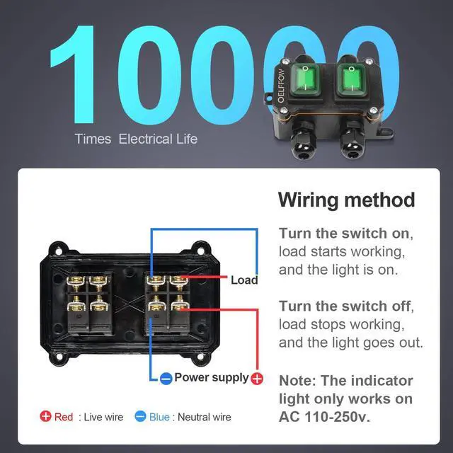 Alt view image 5 of 6 - Waterproof On Off Toggle Switch Double Switch with Green Light Rocker Button Inline Cord Switch DPST AC/DC 20A-125V,16A-250V,30A-24V,35A-12V, IP66 4 Exit