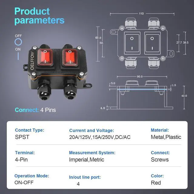 Alt view image 2 of 6 - Waterproof On Off Toggle Switch Double Switch with Red Light Rocker Button Inline Cord Switch DPST AC/DC 20A-125V,16A-250V,30A-24V,35A-12V, IP66 4 Exit
