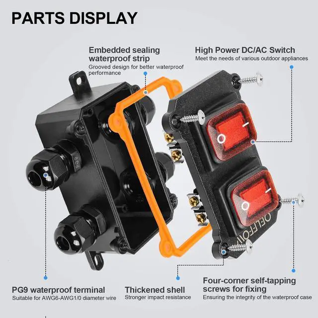 Alt view image 4 of 6 - Waterproof On Off Toggle Switch Double Switch with Red Light Rocker Button Inline Cord Switch DPST AC/DC 20A-125V,16A-250V,30A-24V,35A-12V, IP66 4 Exit