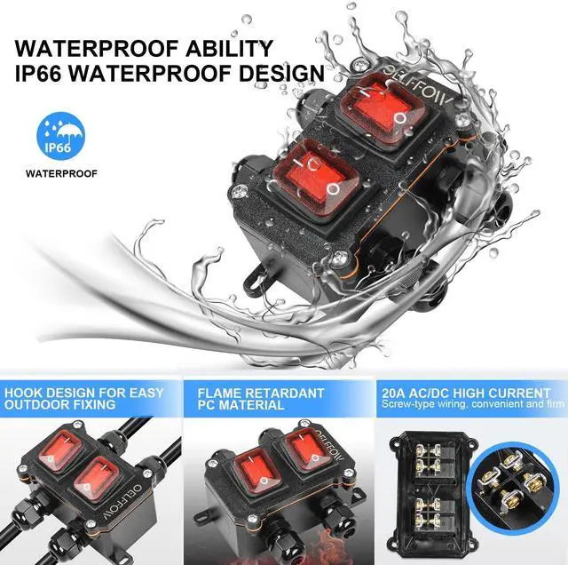 Alt view image 3 of 6 - Waterproof On Off Toggle Switch Double Switch with Red Light Rocker Button Inline Cord Switch DPST AC/DC 20A-125V,16A-250V,30A-24V,35A-12V, IP66 4 Exit