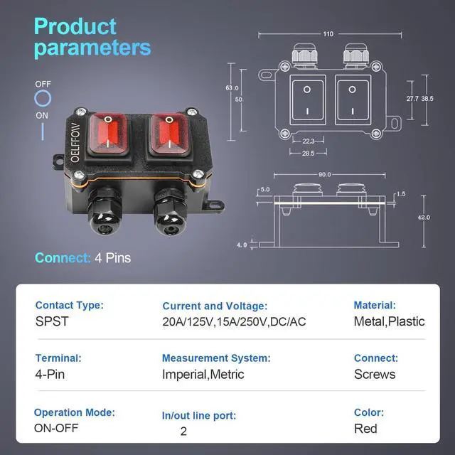 Alt view image 2 of 6 - Waterproof On Off Toggle Switch Double Switch/Outlet with Red Light Rocker Button Inline Cord Switch DPST AC/DC 20A-125V,16A-250V,30A-24V,35A-12V, IP66