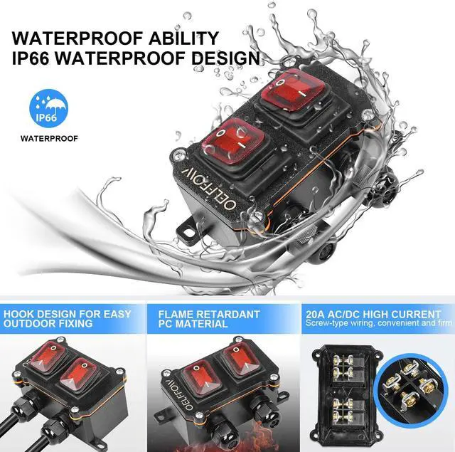Alt view image 3 of 6 - Waterproof On Off Toggle Switch Double Switch/Outlet with Red Light Rocker Button Inline Cord Switch DPST AC/DC 20A-125V,16A-250V,30A-24V,35A-12V, IP66