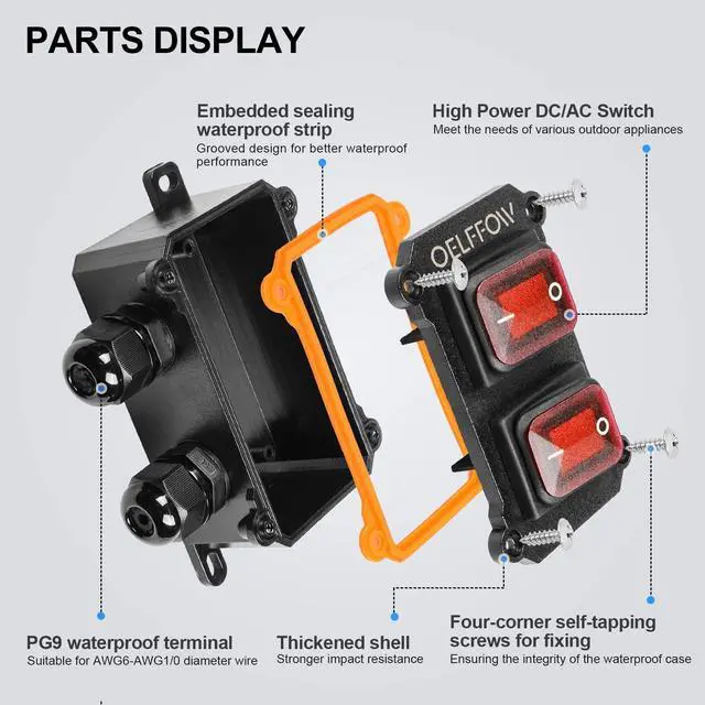 Alt view image 4 of 6 - Waterproof On Off Toggle Switch Double Switch/Outlet with Red Light Rocker Button Inline Cord Switch DPST AC/DC 20A-125V,16A-250V,30A-24V,35A-12V, IP66
