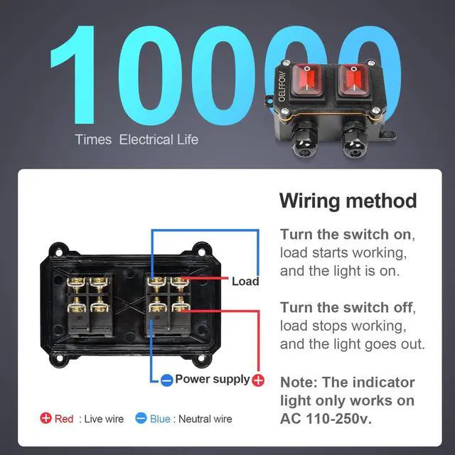 Alt view image 5 of 6 - Waterproof On Off Toggle Switch Double Switch/Outlet with Red Light Rocker Button Inline Cord Switch DPST AC/DC 20A-125V,16A-250V,30A-24V,35A-12V, IP66