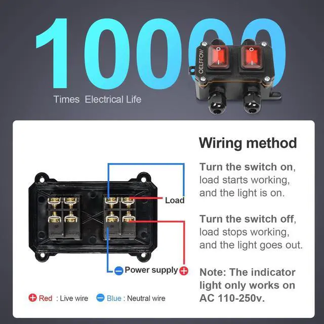 Alt view image 5 of 6 - Waterproof On Off Toggle Switch Double Switch with Red Light Rocker Button Inline Cord Switch DPST AC/DC 20A-125V,16A-250V,30A-24V,35A-12V, IP66 4 Exit