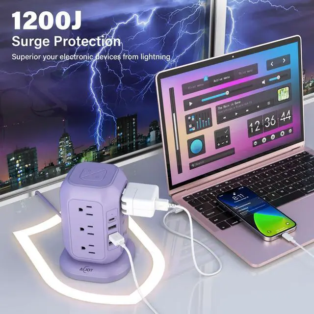 Alt view image 12 of 12 - USB C Power Strip Tower, Surge Protector with 12 AC Outlet and 4 USB Ports, 10 FT Extension Cord, 1200J Power Strip Surge Protector, USB Charging Station, Office Supplies, Dorm Essentials, Woman