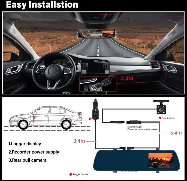 Alt view image 14 of 14 - Mirror Dash Cam 4 Inch Rear View Mirror Camera 1080P Front and Rear View Dual Cameras with 32G Card, Motion Detection, Night Vision, Parking Assistance, Loop Recording, 24H Parking Monitor