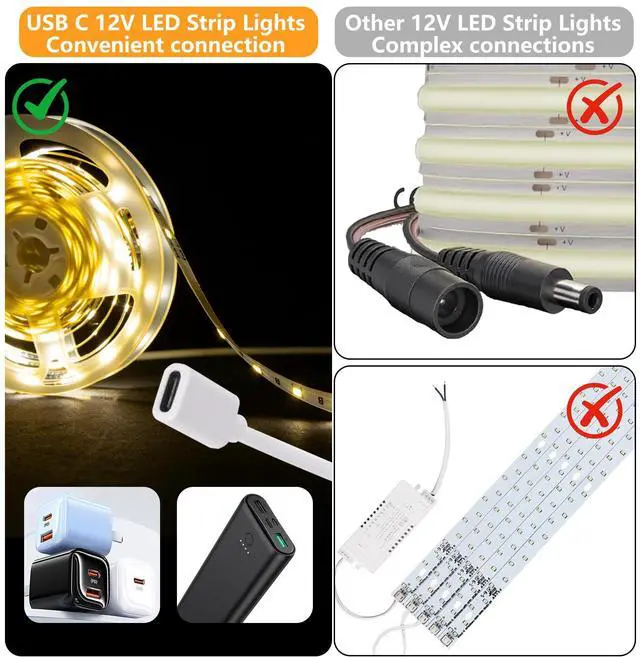 Alt view image 3 of 7 - USB C 12V LED Strip Lights 16.4ft, Bright Under Cabinet Lighting for Kitchen, TV Backlight & RV Camper, Flexible Tape Light for 3D Printer & Desk