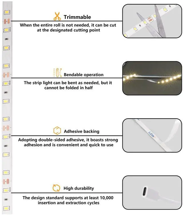 Alt view image 5 of 7 - USB C 12V LED Strip Lights 16.4ft, Bright Under Cabinet Lighting for Kitchen, TV Backlight & RV Camper, Flexible Tape Light for 3D Printer & Desk